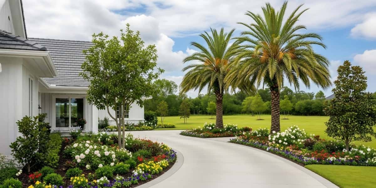 Beautiful curved concrete driveway showing how much does it cost to pave a driveway with professional landscaping and palm trees