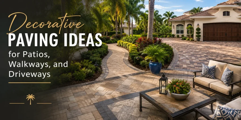 Decorative paver patio, curved walkway, and driveway at an upscale Florida home